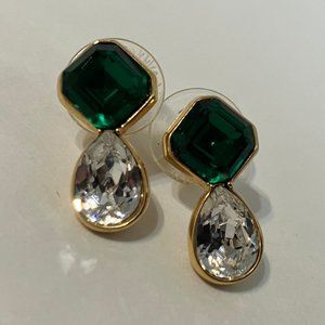 S.A.L. Earrings Green Clear Crystal Rhinestone Tear Drop Gold Tone Metal Post